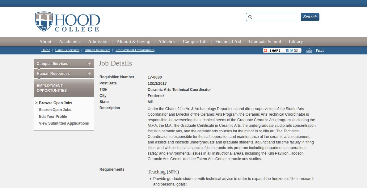 Hood College job posting screenshot