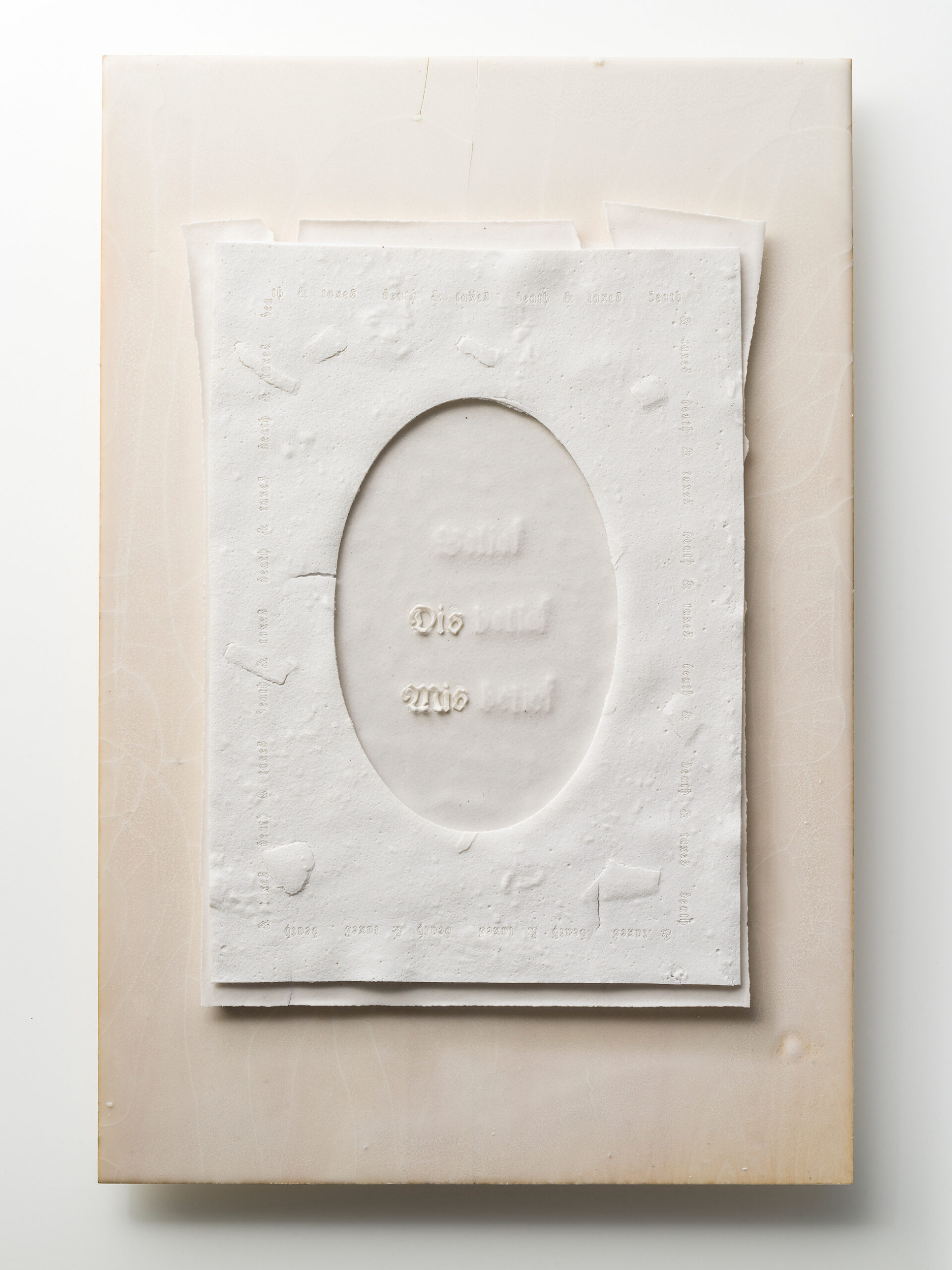 Material: Ceramic, felt, wax and wood
Making Process: Tape-casted, laser cutter used to outline text, then hand cut words. Wax coated wood.
