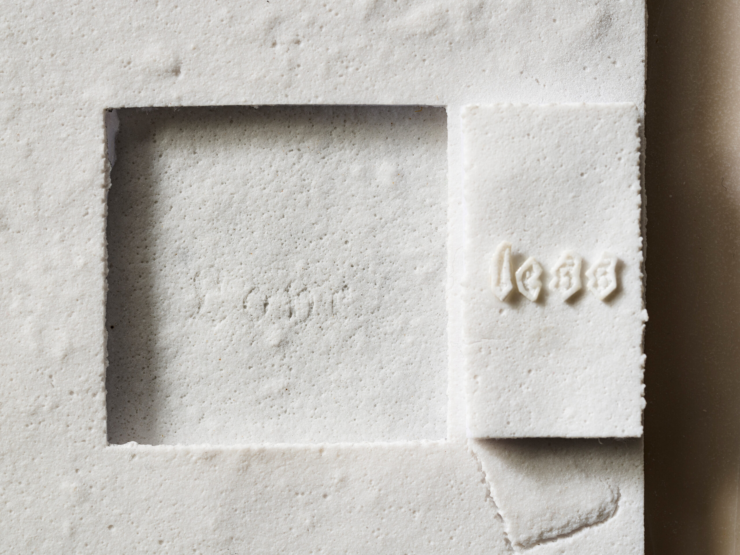 Material: Ceramic, felt, wax and wood 
Making Process:  Tape-casted, laser cutter used to engrave words and then cut by hand. Felt backed and cushioned tape-casted document. Wax coated wood.