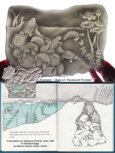 My translucent porcelain lithophane was created from my non-fiction children's book illustration of turtles hatching and swimming away from a book called "All About Eggs" by Millicent Selsam. I always enjoy taking my illustrations and creating the magical dimension that occurs when translucent porcelain is backlit. It is part of the permanent collection at the Blair Museum of Lithophanes, Elmore, Ohio.