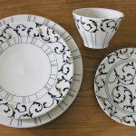 Wheel-thrown porcelain, underglaze and custom gold decals, cone 7 & 018 oxidation, variable sizes