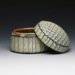 6 x 6 x 6, Wheel thrown white stoneware with applied Yellow Salt and celadon glazes soda, fired to cone 10 in reduction.