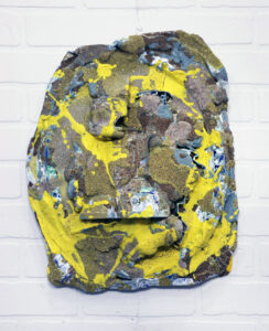 Mixed media (decorative frame, aluminum platter, toy robot, acrylic, sand, foam)