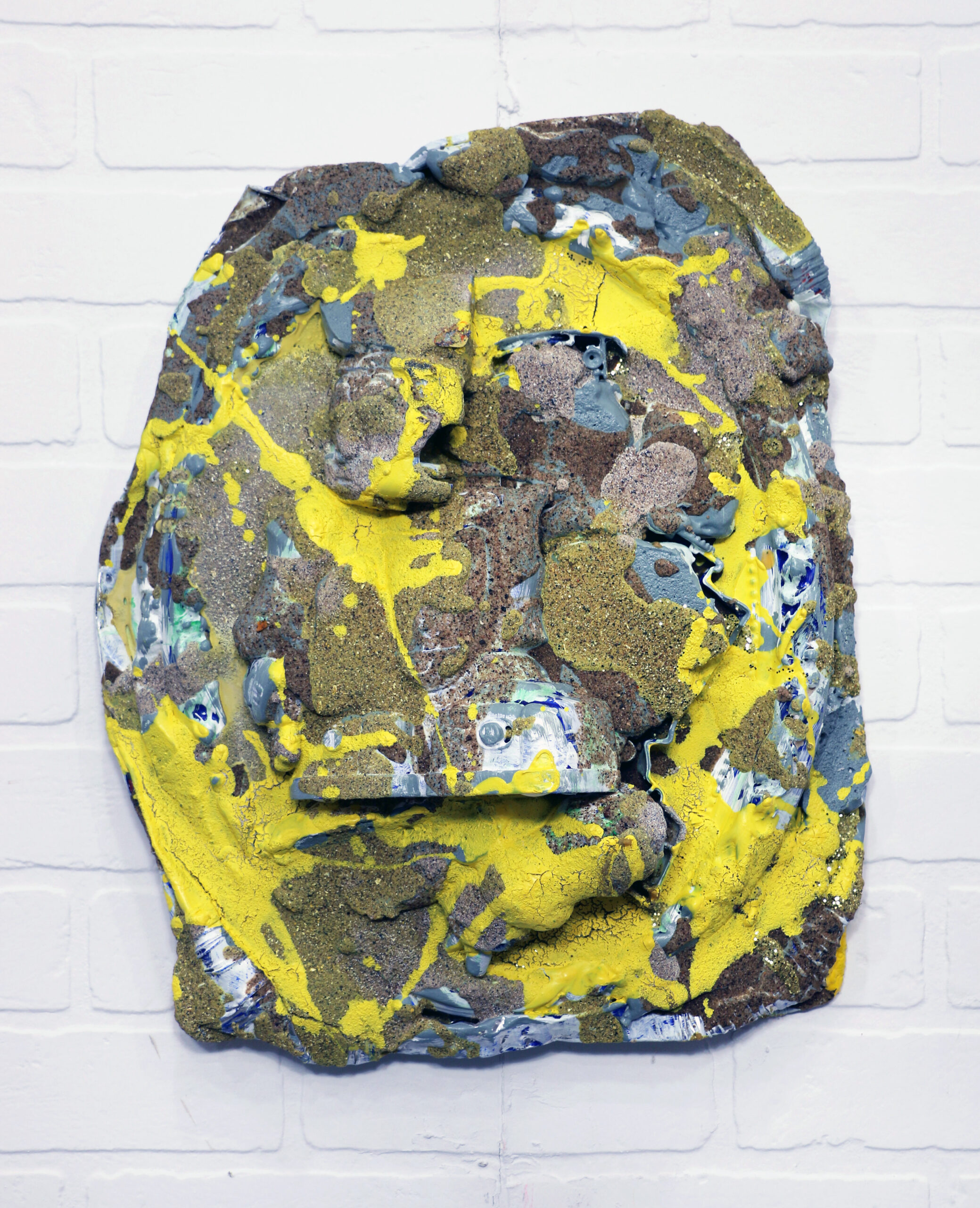 Mixed media (decorative frame, aluminum platter, toy robot, acrylic, sand, foam)