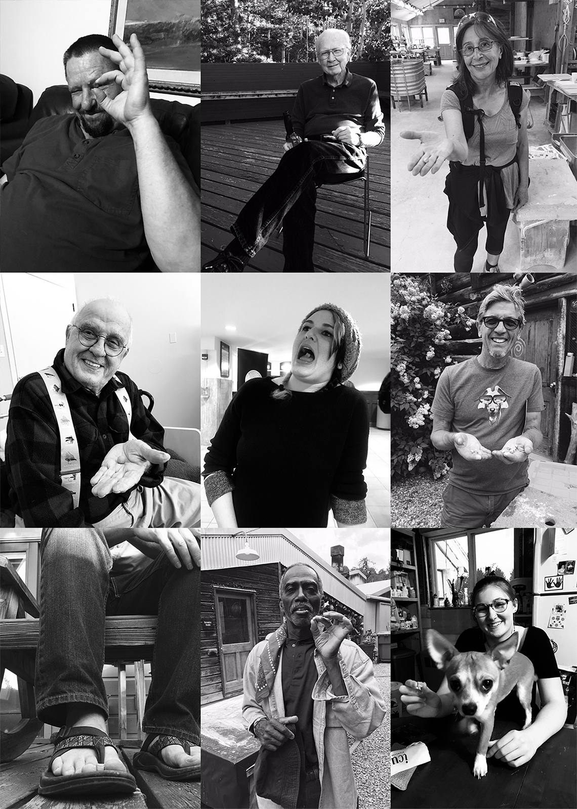 This series of work started in 2016 and is an ongoing project. In life, we meet people and interact with those around us. I started this project as a way to document a shared moment in time with someone. I ask those around me if they want to help make a moment of time. As we are making, we conversate. I photograph the person with their moment of time and write down part of our conversation.  Their moment of time then gets saved to use in future installations.  These are the quotes from the people in this photo from left to right and top to bottom: 
"Tiny little moment here for dum dum"
"Ok fine give me a piece. Here ya go that's what you get."
"It's like changing a grain of sand. We are changing the universe here."
"Mine looks a little round. Anything for my teacher grand daughter"
"I am the devourer of time"
"Yeah I'll help you make it. I have done ceramics before."
"Ok fine peer pressure. But I didn't agree to a photo. Not my face."
"Let's make a dish and sell it. That was very capitalist saying. We all need dishes"
"Make sure Yondu gets in the photo with us"