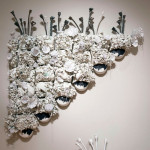 Unintended Consequences, 2013-2014, wall piece, porcelain, wood, foam, thread, 88” x 81” x 15”