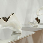 Slip-cast porcelain with low-fire glazes and lusters, Installation of multiple small sculptures