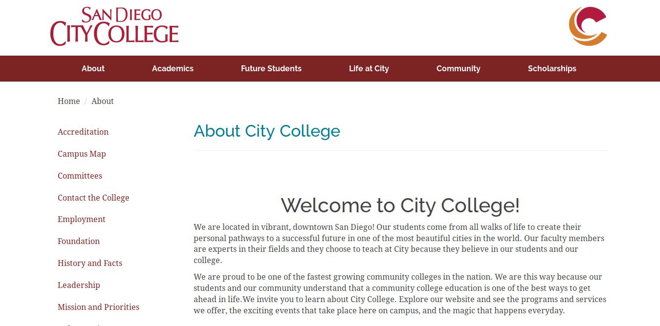 San Diego City College website screenshot