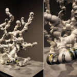 cast porcelain, decals, 3D-printed connectors, threaded steel rod, 38 x 27 x 24”, 2017